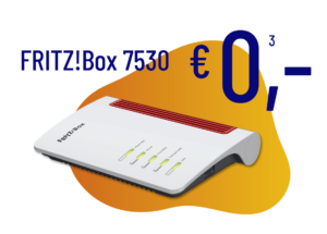 Grafik: Orange Sprechblase mit weißer FRITZ!Box 7530 für 0,-€