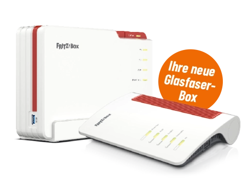 Zwei weiße FRITZBoxen und oranger Kreis mit "Ihre neue Glasfaser-Box"